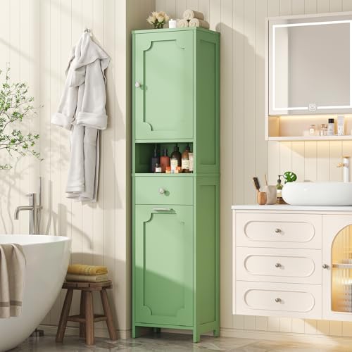 Feonase Tall Wooden Bathroom Cabinet with Single-Door Storage– 2-Tier Fixed Shelves, Open Middle Shelf, Drawer & Removable Laundry Hamper for Bathroom & Laundry Room Hallway,Green
