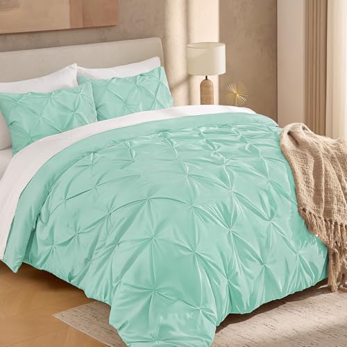 "Andency California King Pinch Pleat Mint Green 3 Piece Comforter Set - Lightweight Comforter with 2 Pillow Shams,104""x96"", Pintuck Fluffy, All Season Use, Boho Cute Style for Bedroom"