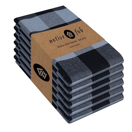 "Native Fab 6 Pack Buffalo Check Kitchen Dish Towels, Cotton, Durable, Washable 16""x26"" - Tea Towel, Soft Absorbent Cleaning Towels, Hand Towel with Hanging Loop - Black, Grey"