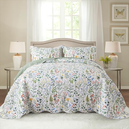 HoneiLife Queen Quilt Bedding Set - 3 Pieces Microfiber Quilt Sets Lightweight Bedspreads Reversible Coverlets Retro Bed Cover Floral Bedding Set Wildflower Quilts All Season Use