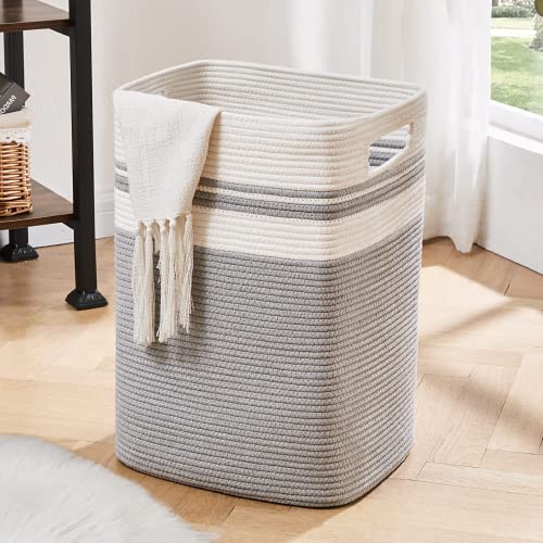 OIAHOMY Laundry Hamper - Tall Cotton Storage Basket With Handles, Decorative for Living Room, Collapsible Large for Toys, Pillows, Clothes - 16x13x22in - Grey