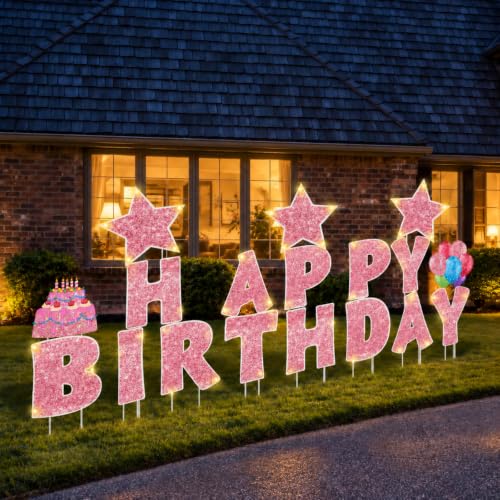 Jetec 18 Pieces Happy Birthday Yard Signs with Stakes, 16 Inches Birthday Outdoor Lawn Signs, Birthday Cake Balloon Patio Decorations, garden Lawn Decorations for Birthday Party(Rose Gold)