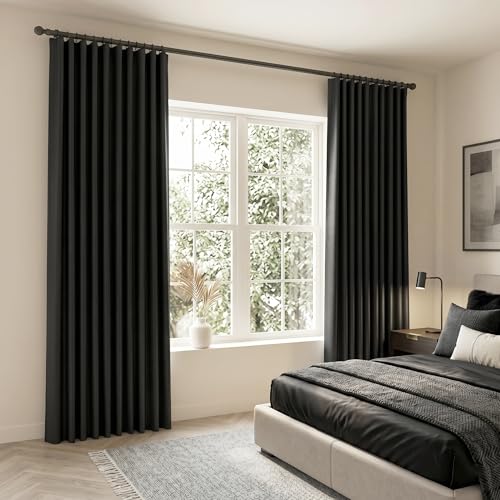 SHINELAND Black Blackout Curtains 102 Inch Long, Pleated Floor to Ceiling Curtains for Track System with Built in Pin Hooks for Living Room Bedroom, 2 Panels Set