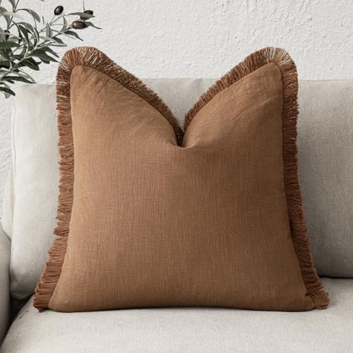 Foindtower Decorative Linen Fringe Throw Pillow Covers Cozy Boho Farmhouse Cushion Cover with Tassels Soft Accent Pillowcase for Chair Sofa Bed Living Room Home Decor, 22??22 Inch, 1PC,Orange Brown