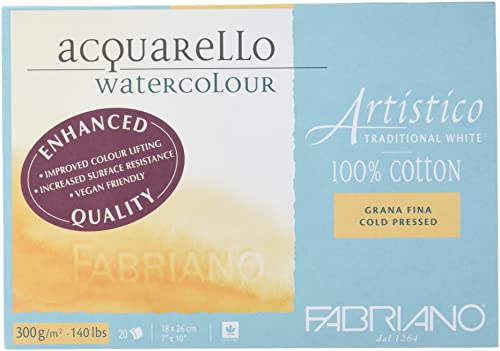 Honsell Fabriano Artistico Acquarello Watercolour 19011826 Watercolour Fine Grain Cold Pressed 18 x 26 cm 20 Sheets 300 g/m?? High-Quality Artist Watercolour Card Block Glued on 4 Sides White