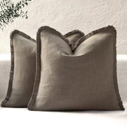 ROMANDECO Boho Decorative Throw Pillow Covers with Fringe for Couch, Living Room, Bed Set of 2, 20x20 Inches, Khaki Brown