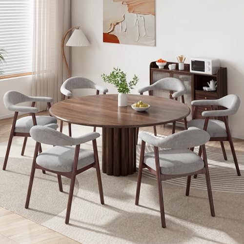 MALOL Wooden Dining Chairs Set of 6, Fabric Chairs for Dining Room with Armrest, Upholstered Kitchen Chairs with Curved Back and Wood Legs for Dining Room, Kitchen, Living Room, Grey