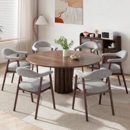 MALOL Wooden Dining Chairs Set of 6, Fabric Chairs for Dining Room with Armrest, Upholstered Kitchen Chairs with Curved Back and Wood Legs for Dining Room, Kitchen, Living Room, Grey