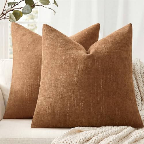 ANRODUO Decorative Textured Throw Pillow Covers 18x18 Bronze Pack of 2 - Soft Square Accent Solid Chenille Cushion Cover, Cozy Farmhouse Pillow Case for Couch Sofa Bed Living Room, Summer Decor