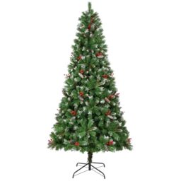 Uten Artificial 7.5ft Christmas Tree, Deluxe Snowy Indoor Home Xmas Tree Decoration, 1200 Natural Looking PVC Tips, 39 Groups Red Berries & Pinecones, Hinged Branches Metal Stand, Reusable
