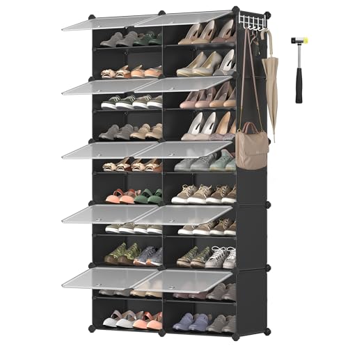 SONGMICS Interlocking Shoe Rack, Plastic Shoe Storage Cabinet, 10-Slot Modular Storage Organiser Unit, 30 x 40 x 30 cm for Each Slot, with Doors, Steel Frame, Plastic Panels, Black LPC035B01