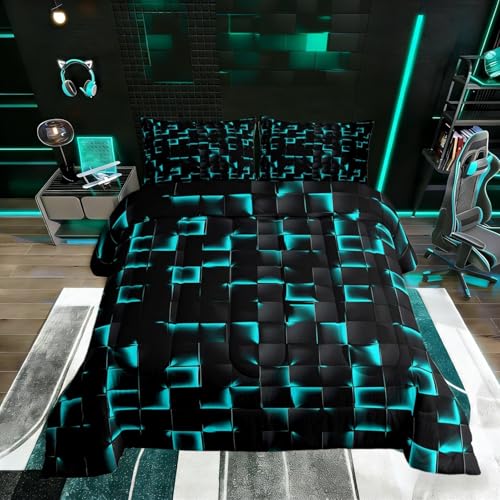 Erosebridal Neon Black Teal Boys Comforter Set Queen Geometric Checkered Turquoise Bedding Set for Kids Teen Men Gaming Room Decor,Abstract Ombre Plaid Comforter Geometry Grids Quilt Duvet
