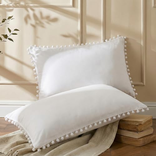 White Pillowcases, Pom Poms Fringe Pillowcases, Pure White Boho Chic Pillow Shams, Ultra Soft Washed Microfiber 2 Pack Pillow Cover (King, White)