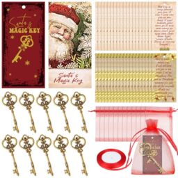 Misdary 91 Pcs Christmas Santa's Key No Chimney House Set - 30 Vintage Metal Key Ornaments, 30 Cards, 30 Gift Bags, 1 Red Ribbon for Xmas Tree Kitchen Holiday