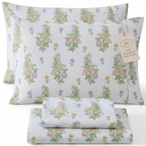 HLC.ME Color Block Printed Floral Bed Sheets - 4 Piece Patterned Bed Sheet Set - Wrinkle Resistant & Ultra Soft - Fits Mattresses up to 15 Inches Deep (King, Lilac Purple)