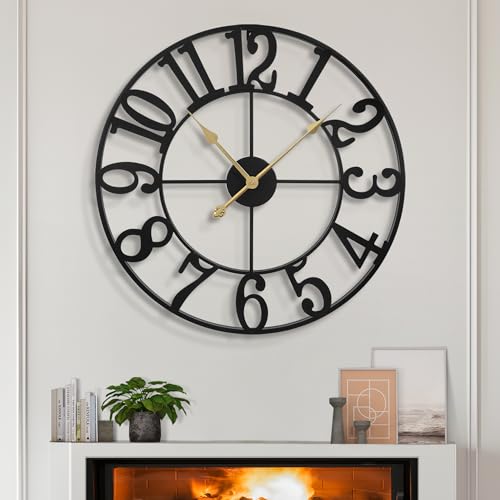 LEIKE Large Wall Clocks,Silent,Non Ticking,Battery Operated Rustic Round Modern Big Metal Wall Clock for Living Room, Bedroom,Kitchen,Farmhouse,Office,Home Decor-16 Inch(Black-Arabic Number)