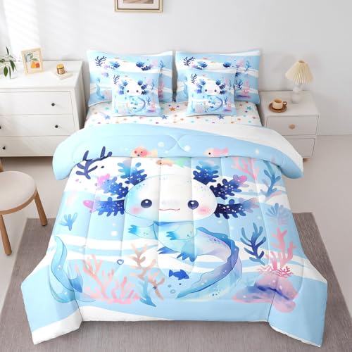 Feelyou Kids Cute Axolotl Bed in A Bag Twin Size, Ocean Sealife 7 Pieces Bedding Set Boys Girls Kawaii Animal Comforter Set with Sheets Cartoon Salamander Teens Bed Set Bedroom Decor 7Pcs
