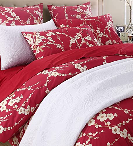 Brandream King Size Duvet Cover Set Japanese Oriental Style Cherry Floral Red Blossom Flower Branches Print Chinoiserie Bedding Pillowcases Set 800TC Egyptian Cotton Sateen Botanical Tree 3 Piece