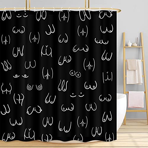 Funny Human Body Shower Curtain for Bathroom, Black and White Girl Woman Nude Breast Boob Fabric Shower Curtains Set, Boho Minimal Fun Butt Hilarious Restroom Decor Accessories with Hooks 72X72in