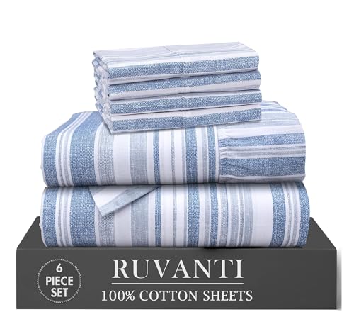 "Ruvanti 100% Cotton Percale Sheets King Size, Naval Blue - 6 Piece Set, 16"" Deep Pocket, Cooling Bed Sheets for Hot Sleepers, Breathable Lightweight & Durable, Crisp Hotel Style Sheets"