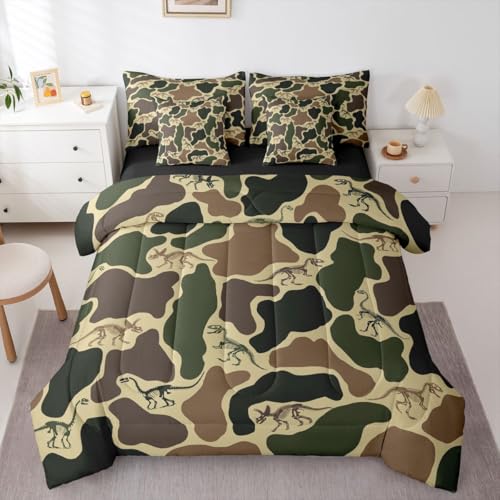 Erosebridal Dino Camouflage 7 Piece Bedding Set Queen Dark Green Camo Comforter Set with Sheets Dinosaur Skeleton Bed in a Bag Vintage Skeleton Rustic Bed Sets Comforter