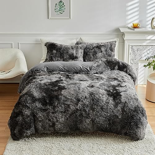 Wajade Faux Fur Plush Tie Dye Dark Grey White Comforter Set Fluffy Fuzzy Shaggy Bedding Set - 3PC Queen Size Microfiber Soft Warm Quilt Set