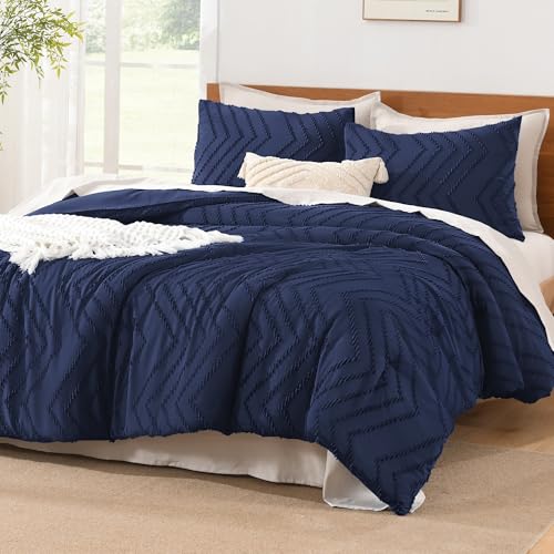 Litanika Super King Plus Comforter Set, 3 Pcs Boho Tufted Bedding Set - Oversized Alaskan King Navy BlueNeutral Lightweight Fluffy Chevron Textured Bohemian Bedding Set Gift Choice