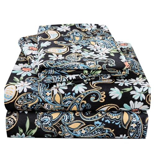 JSD Black Paisley Floral Printed Sheet Set Full Size, 4 Piece Soft Pattern Microfiber Sheets Extra Deep Pocket