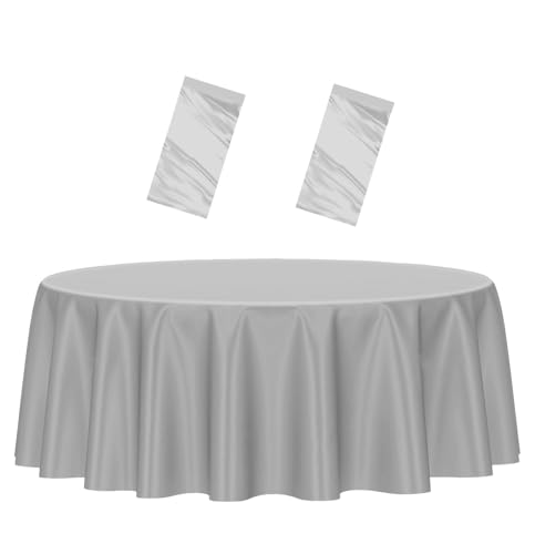 HEIPINIUYE 2 Pack Silver Tablecloth Round 84 Inch Round Plastic Table Cloth Waterproof Disposable Round Table Cover for Party Birthday Camping Picnic Baby Shower Circle Tablecloth