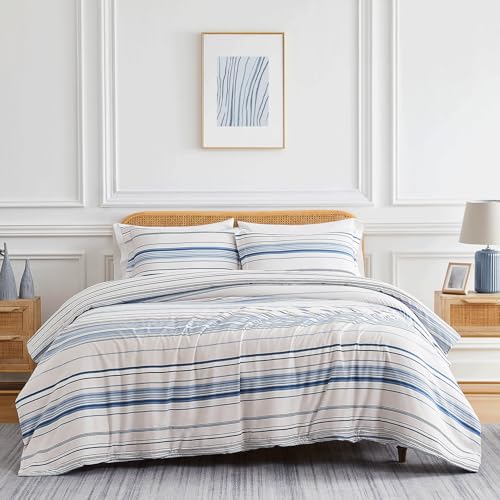Southshore Fine Living, Inc. Duvet Cover Queen Size/Full Size, Hotel Quality Coastal Bedding Set, Easy Care Full/Queen Duvet Cover, Full Set with 2 Matching Pillow Shams - Coastal Stripe Blue