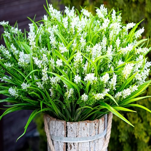 AXYLEX Artificial Lavender Flowers Outdoor, 20 Bundles Fake Plants (White) - UV resistant faux white lavender & monkey grass, no fade ??? garden, patio, porch, window box decor