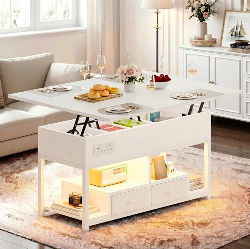 IRONCK Lift Top Coffee Table, Living Room Table with LED Lights, USB and Type-C Ports, Wooden Tea Table with Hidden Storage and 2 Drawers, Convertible Centre Table, 100×80cm, White