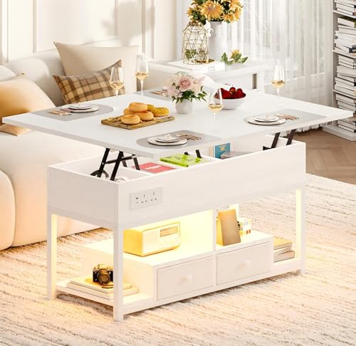 IRONCK Lift Top Coffee Table, Living Room Table with LED Lights, USB and Type-C Ports, Wooden Tea Table with Hidden Storage and 2 Drawers, Convertible Centre Table, 100×80cm, White