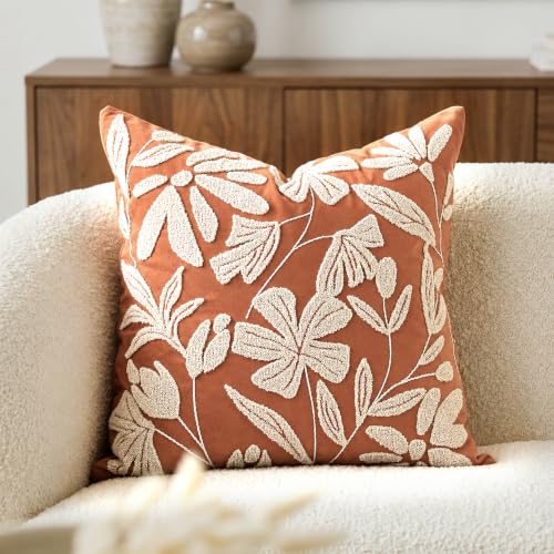 BlissBlush Throw Pillow Cover 20x20 Inch, Rust Terracotta Floral Tufted Velvet Decorative Accent Pillow Case for Sofa Bed Living Room, Cover Only