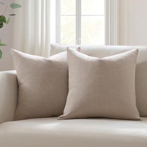 Meekio Set of 2 Light Taupe Pillow Covers 22x22, Farmhouse Linen Decorative Throw Cushion Covers for Sofa Couch