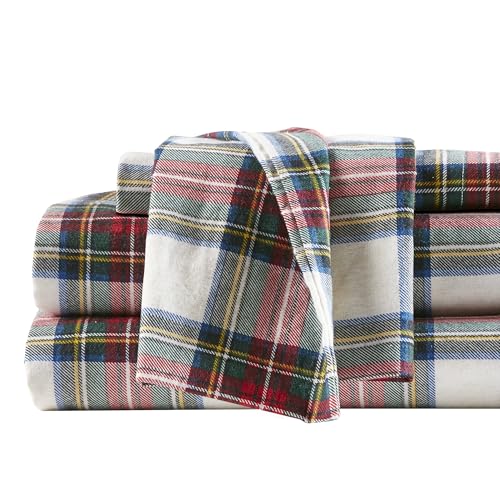 Comfort Spaces Cotton Flannel Breathable Warm Deep Pocket Sheets With Pillow Case Bedding, Twin, Scottish Plaid Red, 3 Piece