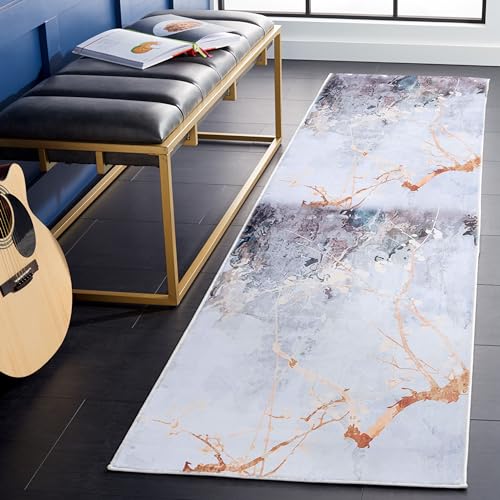 Safavieh Abstract Rug Ideal for High Traffic Areas - Machine Washable and Non Slip - Tacoma Collection, Short Pile, in Grey and Beige, 76 X 244 cm