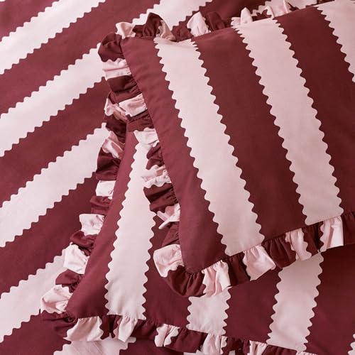 furn. Wylder Birdie Stripe Pillowcase Pair – Reversible Ruffle Edge Cotton Rich Striped Pillow Covers (Burgundy/Blossom – 50x75cm)