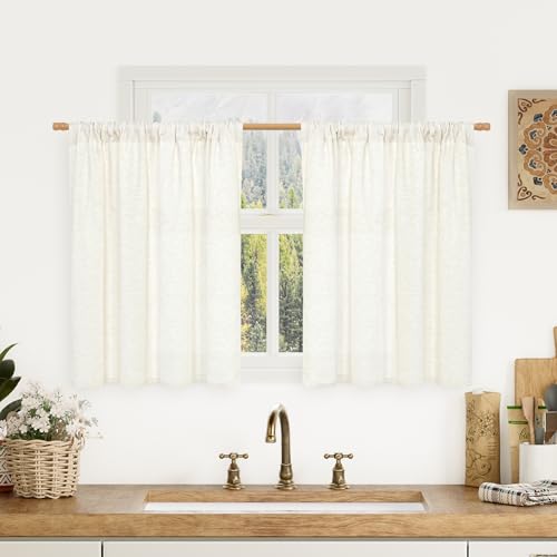 LAMIT Cafe Linen Curtains 30 Inch Length for Small Window, Rod Pocket Linen Textured Light Filtering Drapes Boho Neutral Basement Window Panels for Kitchen/Bathroom, 2 Panels, 42 x 30 Inch, Cream