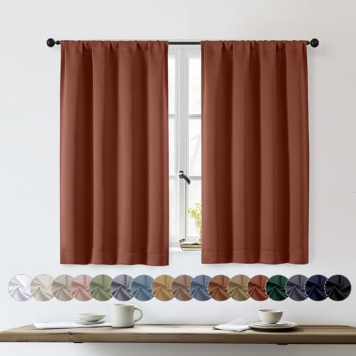 OWENIE Sally Terracotta Short Blackout Curtains for Bedroom Living Room 45 Inch Length 2 Panels, Solid Energy Saving Insulated Bathroom Window Treatment Curtains Blackout Drapes, W40 x L45, Terracotta
