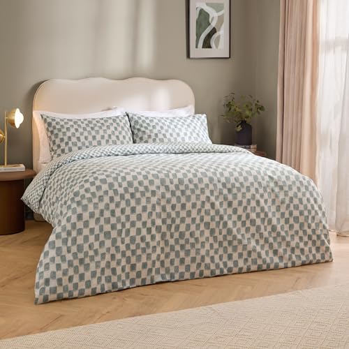 furn. Hoem Nyhavn Duvet Cover Set – Reversible Check Cotton Rich Scandi Bedding (Aqua - Double)