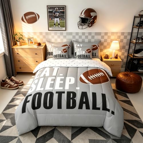 Feelyou Football Comforter Set with Sheets Full Size Rugby Sports 7 Pieces Bedding Set for Kids Boys Girls Teens Grey Brown Sports Ball Game Bed in a Bag Gift for Football Lover Bed Set