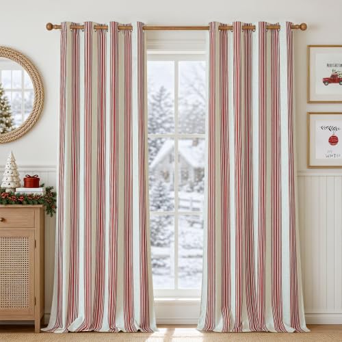 DriftAway Chris Linen Blackout Curtains with Thermal and Sound Reducing Layer 108 Inches Long for Bedroom Striped Printed Drapes Thermal Insulated Lined Window Treatments for Living Room Red
