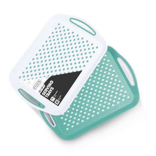 Essen 2-Pack Serving Tray Set ??? Non-Slip Lap Boards with Grip Handles, Ideal for Food Prep, Tea, Breakfast in Bed ??? Plastic Tray for Stable Dining ??? Dishwasher Safe (Green/White)