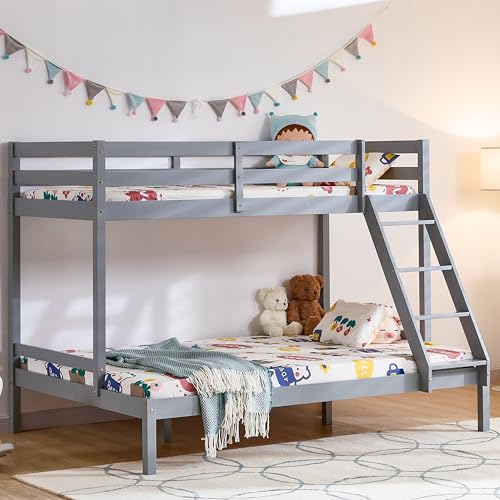 Vida Designs Sydney Triple Sleeper Bunk Bed Frame with Ladder - Grey - Solid Pine Wood - 3ft & 4ft6 - Versatile Design Sleeps 3+ People - Safety Guardrails - Bedroom Furniture for Children
