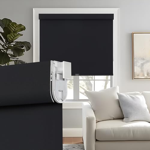 "Persilux No Drill No Tools 100% Blackout Shades for Window Roller Shades Cordless Windows Blinds (Black, 23"" W x 72"" H) UV Protection Thermal Insulated Roller Blinds for Door Bedroom Easy to Install"