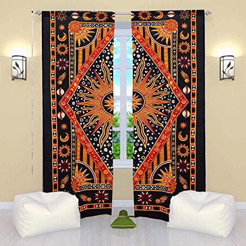 Popular Handicrafts Indian Burning Sun Hippie Mandala Window Curtains - Gypsy Bohemian Sun Moon Beautiful Drapery Bedroom Living Room Balcony Valance Panels Golden