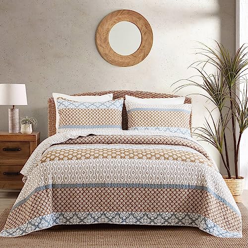 SahSahCasa Quilt Queen Size, Set, 100% Cotton Floral Quilt, Bedding Set Bedspreads, Patchwork Reversible Lightweight Comforter Bed Spread for All Season, Brown/Gray, 3 Pieces, Queen(90/''x98/'')