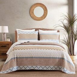 SahSahCasa Quilt Queen Size, Set, 100% Cotton Floral Quilt, Bedding Set Bedspreads, Patchwork Reversible Lightweight Comforter Bed Spread for All Season, Brown/Gray, 3 Pieces, Queen(90/''x98/'')