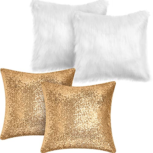 Irenare 4 Pcs Sequin and Fluffy Pillow Covers Winter Throw Pillow Cases Soft Cushion Cover for Couch Bed Sofa Xmas Day(18 x 18 Inch,Gold, White)